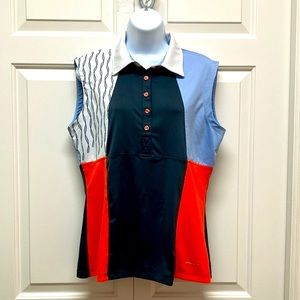 Annika Cutter & Buck golf shirt, sleeveless, asymmetrical, blue/orange/white L